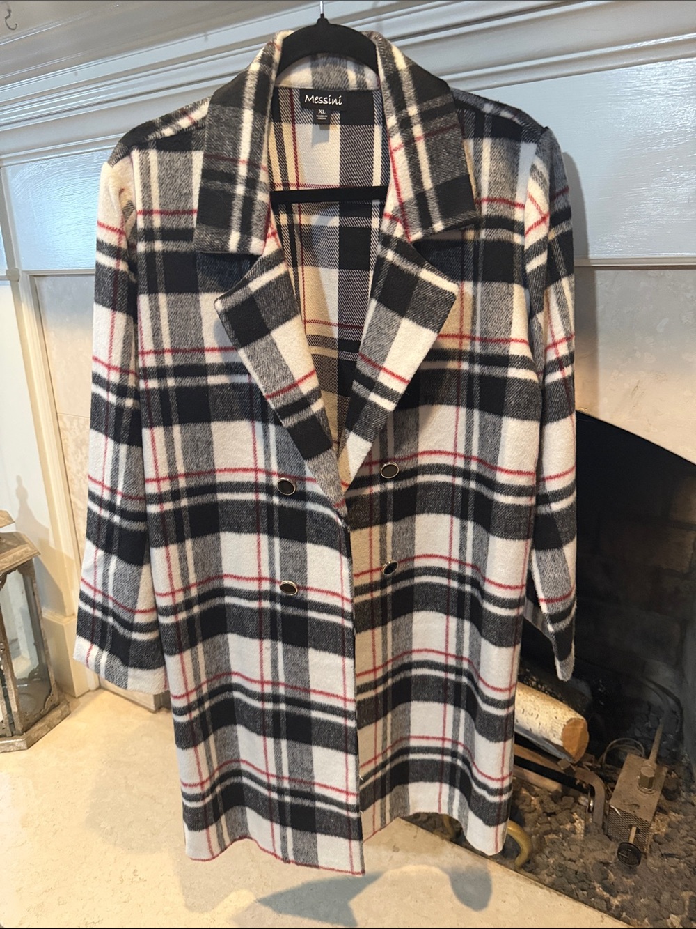 Messini Black & White Plaid Teddy Jacket with Red Accents Open Front size XL